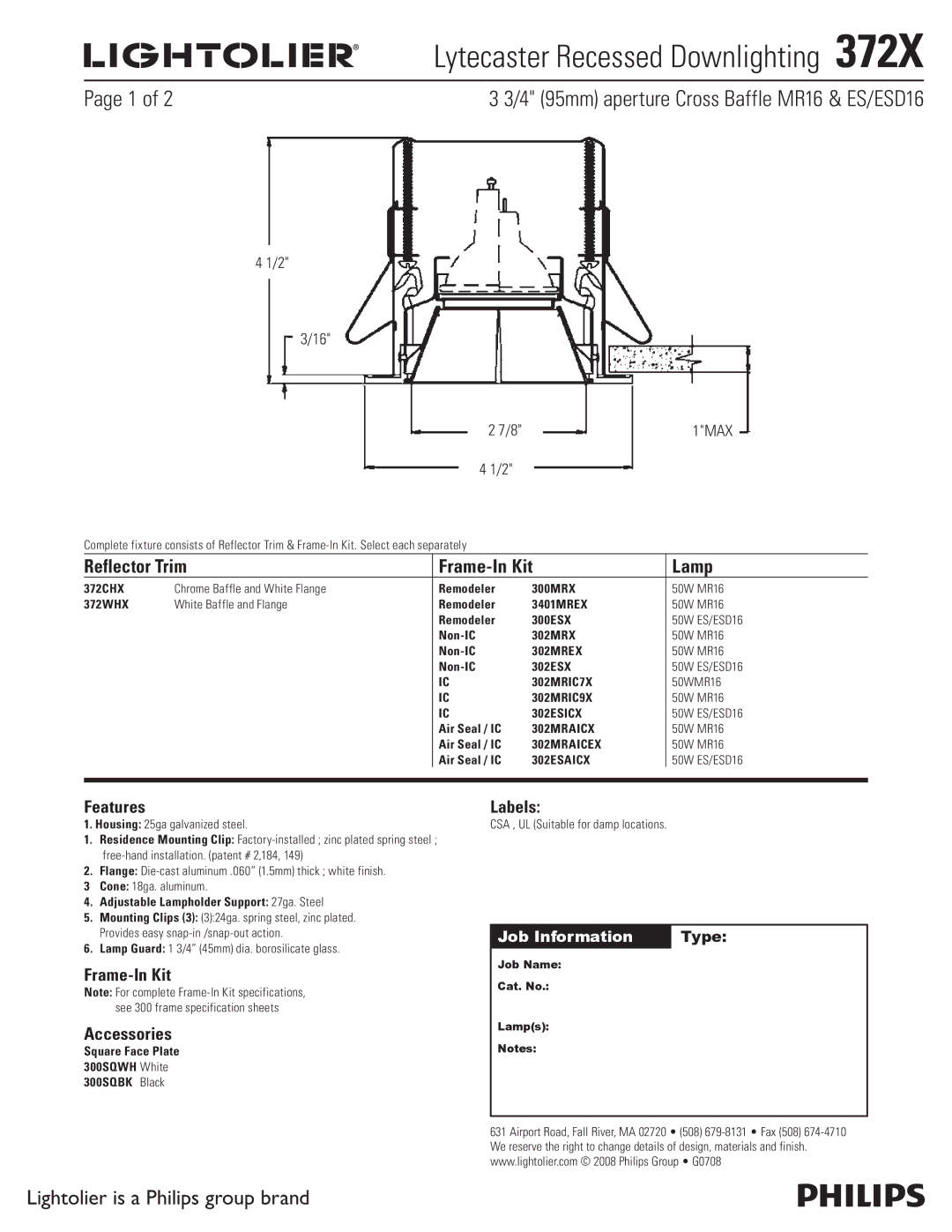 Lightolier 372X specifications Lytecaster Recessed Downlighting , 4 95mm aperture Cross Baffle MR16 & ES/ESD16 